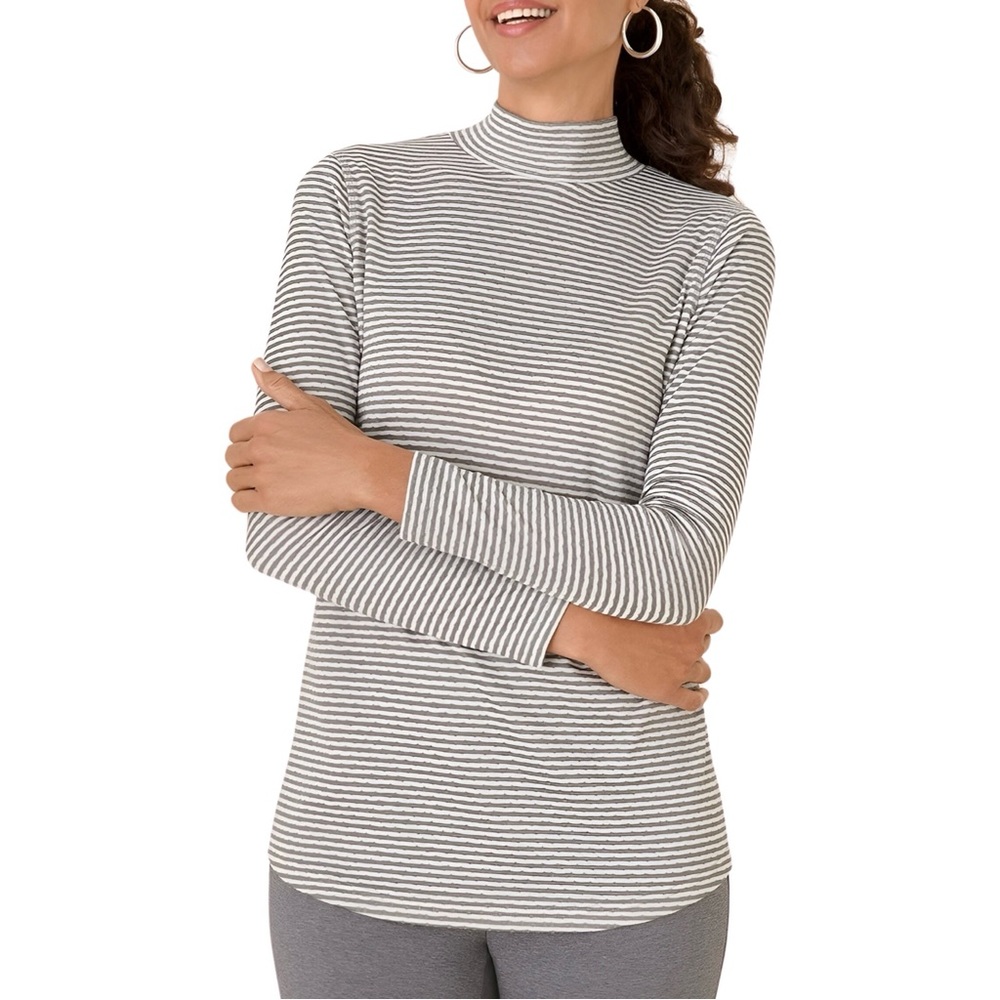 Chico’s Zenergy Grey & White Stripe Mock Neck Tunic Top